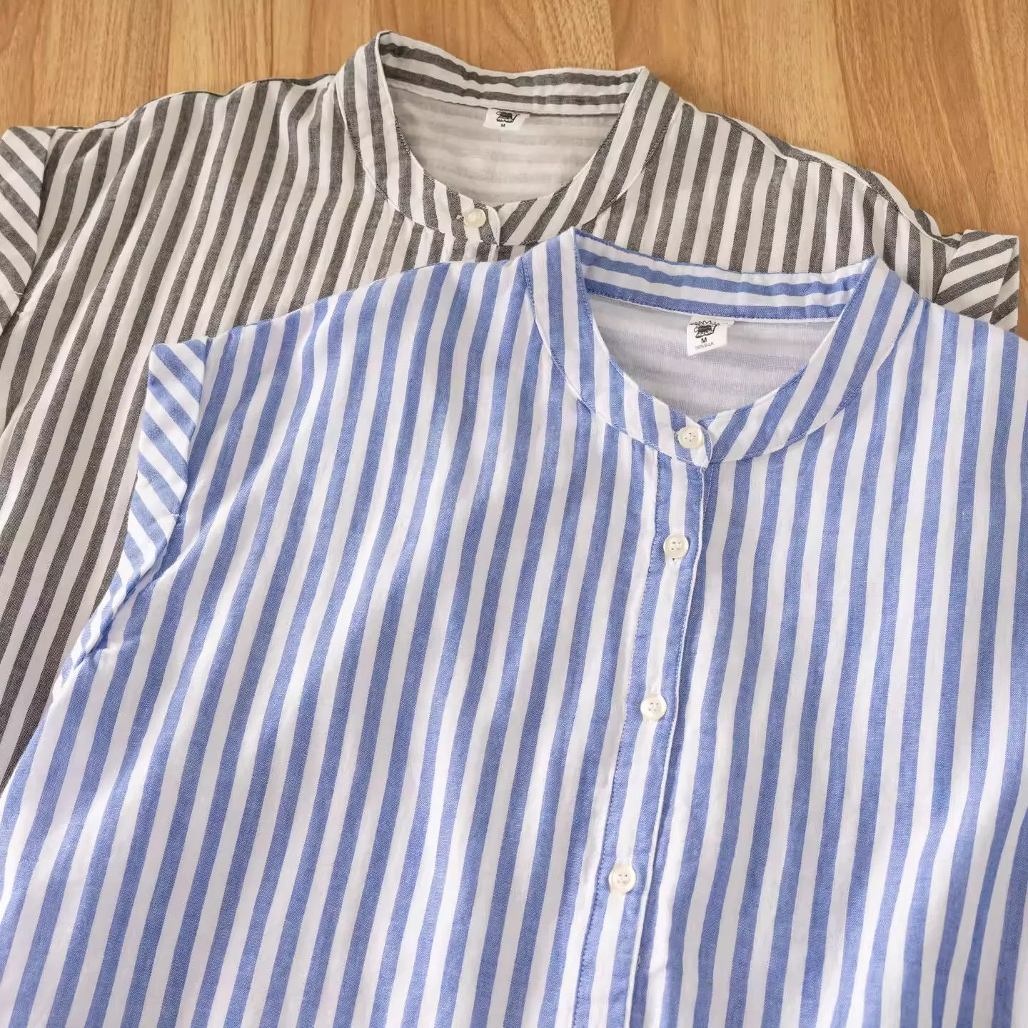 

2025 Chic women blouse 100% cotton blue gray striped shirts and blouses for women brief summer shirts lady tops