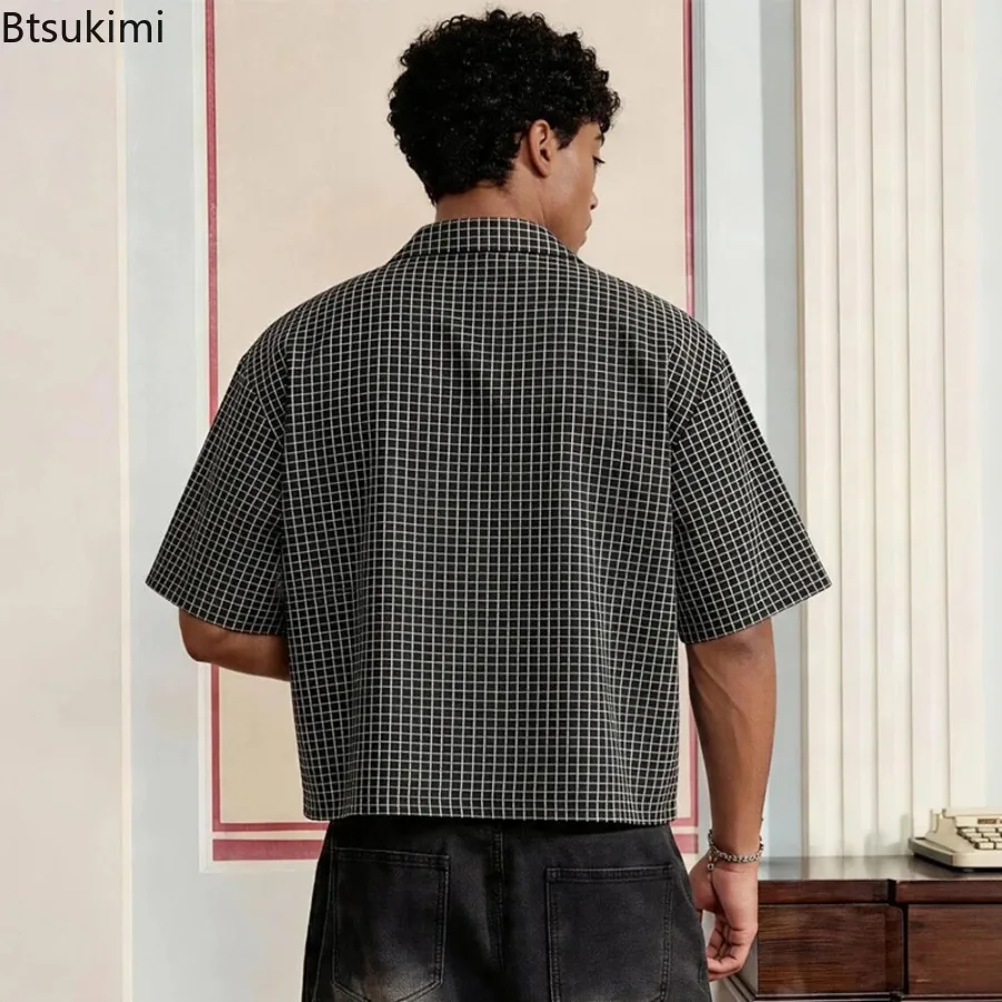 2026 New Men's Trendy Cropped Grid Shirts Short Sleeve Loose Fit Casual Streetwear Top with Red Label Detail Summer Blouse S-XL