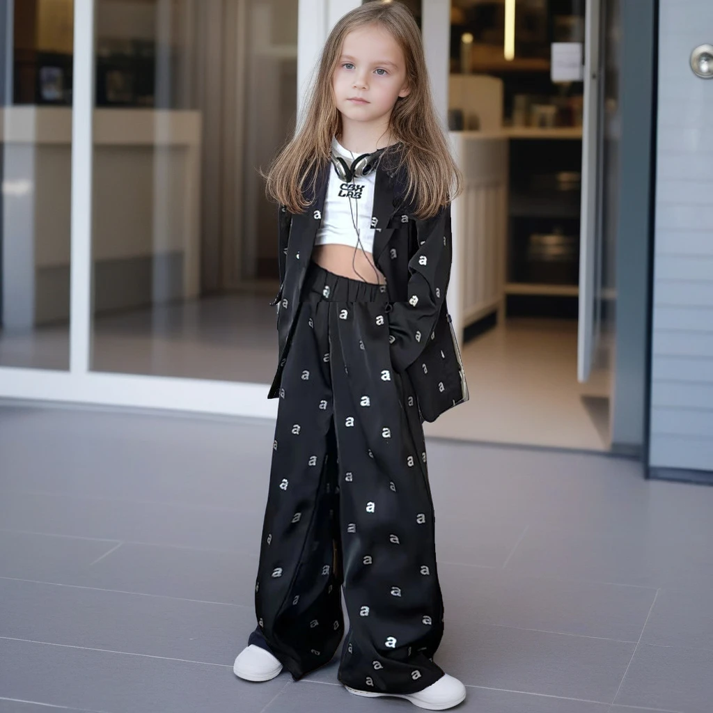 

2025 Autumn Girls Suit Black Fashion Loose School Uniform Blazers Pants 2pcs Teens Children Clothing Set 10 12 13 Years Outfits