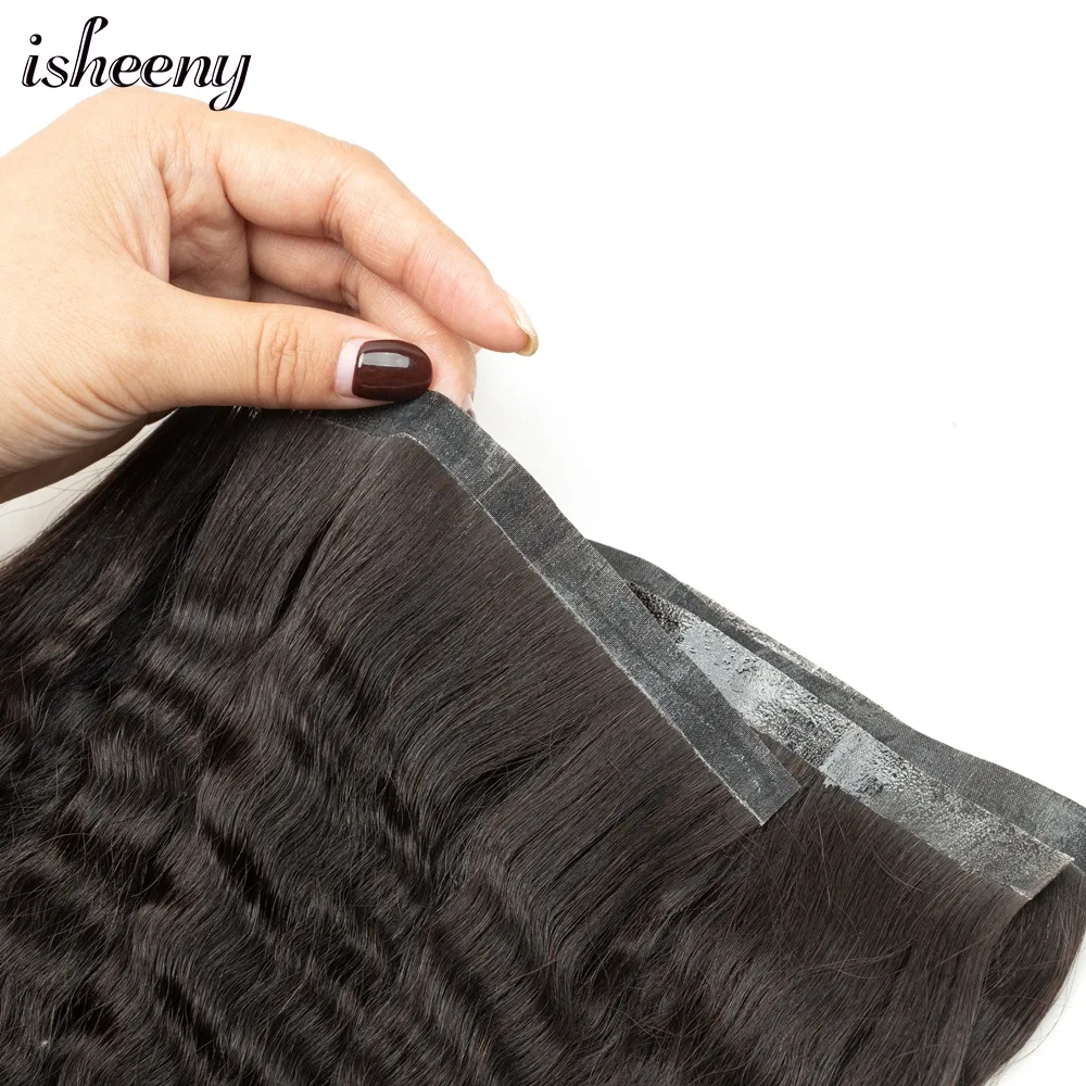 isheeny PU Weft Tape Hair Extensions Kinky Straight 12-30inch Natural Black Human Hair Bundles No Glue on Seamless Hair 40-50g