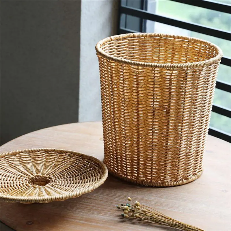 DT20 Woven Basket Trash Can Round Rattan Waste Basket with Lid Planter Wicker Wastebasket Garbage Bin 20x23.5x28cm