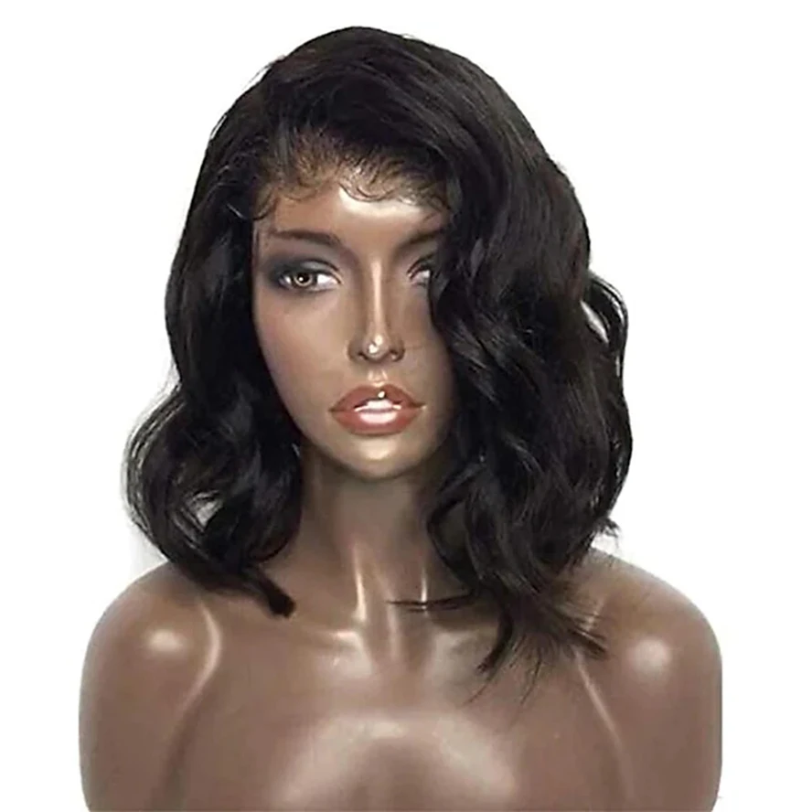 

130% Density Human Hair 13x4 Lace Front Wig Bob Short Bob Free Part Brazilian Hair Wavy Black Wig with body hair