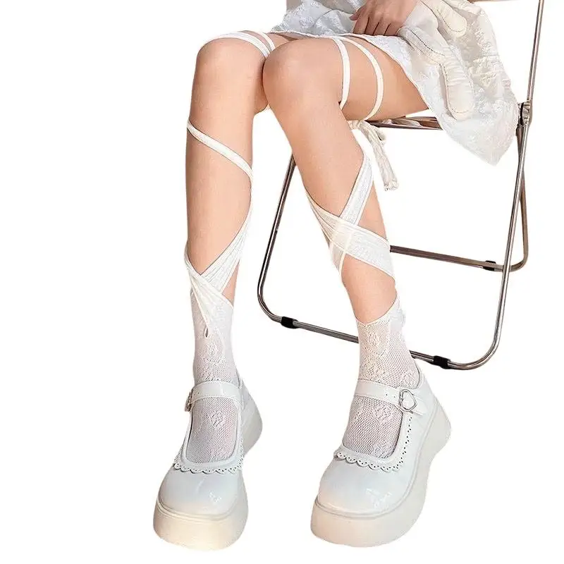 Damen Sommer Sexy Lange Japanische Spitzen-Netzsocken mit geteilter Zehenpartie und Riemchen – Detail 5