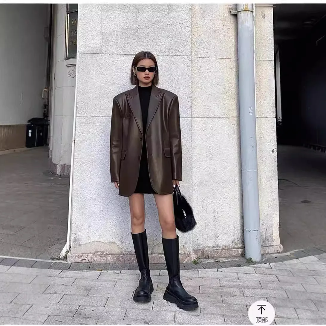 سترة جديدة لخريف 2025 من جلد البولي يوريثان للنساء عتيقة بأكمام طويلة وزر على شكل طية صدر السترة معطف أنيق ملابس خارجية فضفاضة مع جيب #3