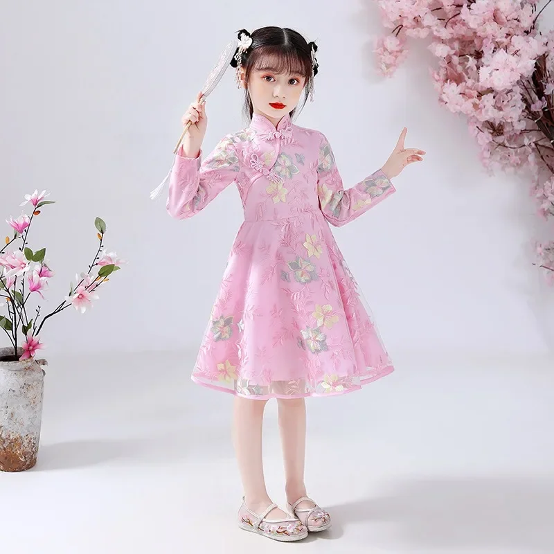 Summer Children Cheongsam Dragon Phoenix Embroidery Qipao Princess Dress Chinese Style Dresses New Year Qipao Gift Tang Clothes