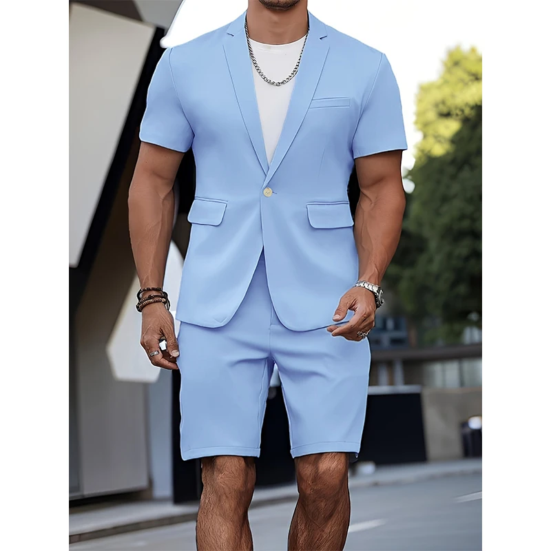 

Men's Suits High Quality Men's Summer Casual Suits ​​2 Piece Short Sleeve Blazer 5 Inch Shorts Men Beach Wedding Smart Casual