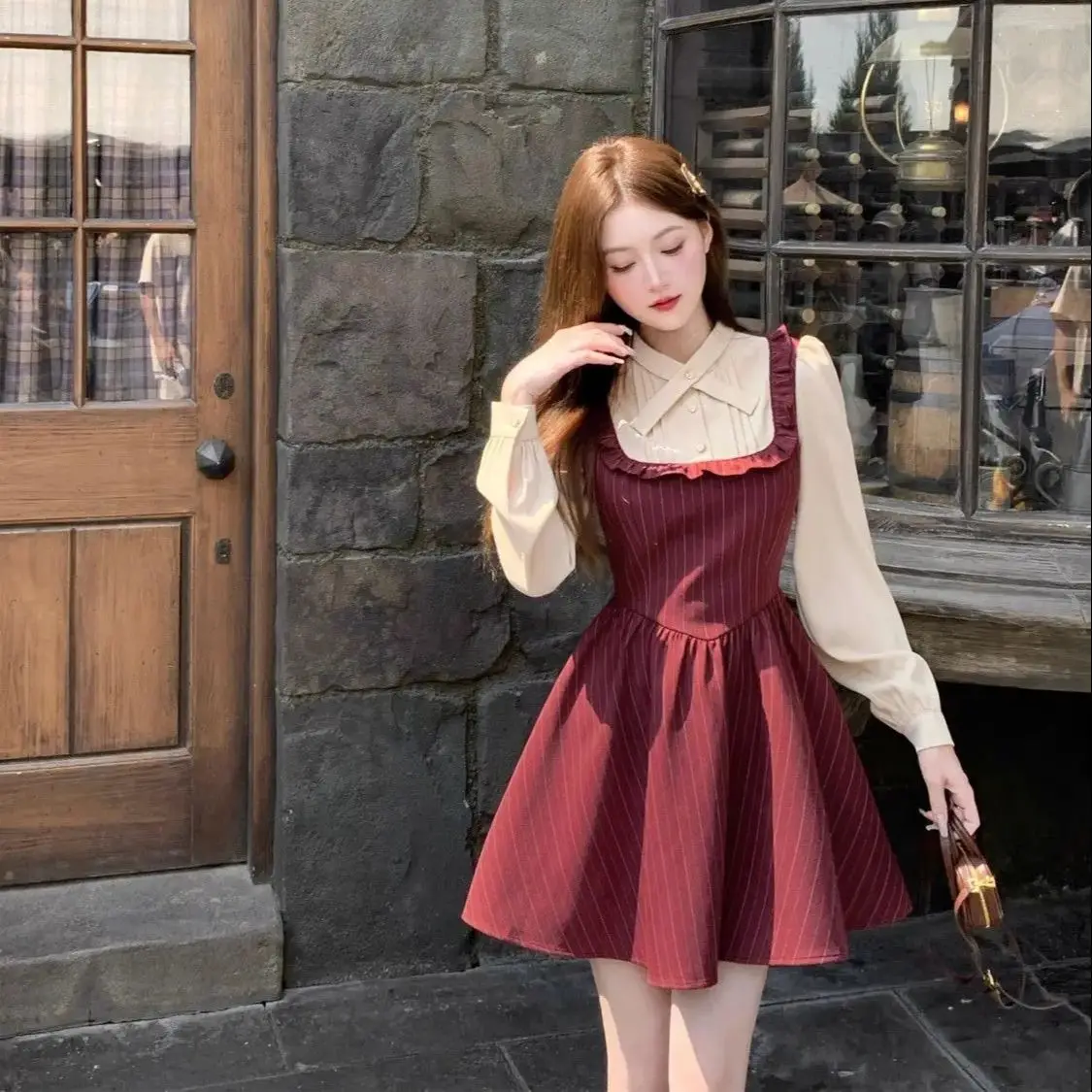 

Korea Waist-Tight Spliced ​​Long-Sleeved Dress Women Spring Autumn New Niche Design Fairy Style High-Rise High-Waisted Skirt