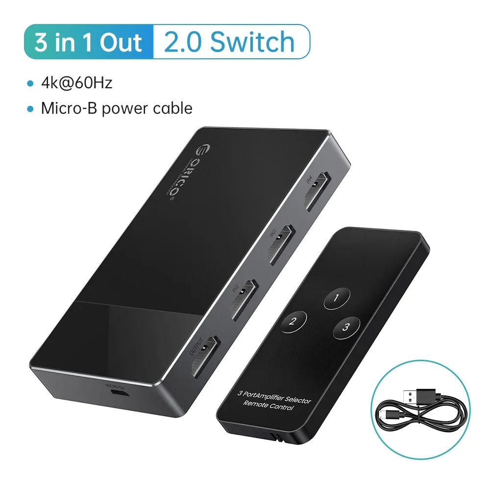 ORICO USB HUB HDMI-compatibele 2.0-schakelaar 3-in-1 aluminium switcher 4k @ 60HZ voor TV PS5 Xbox PC Fire Stick met IR-afstandsbediening