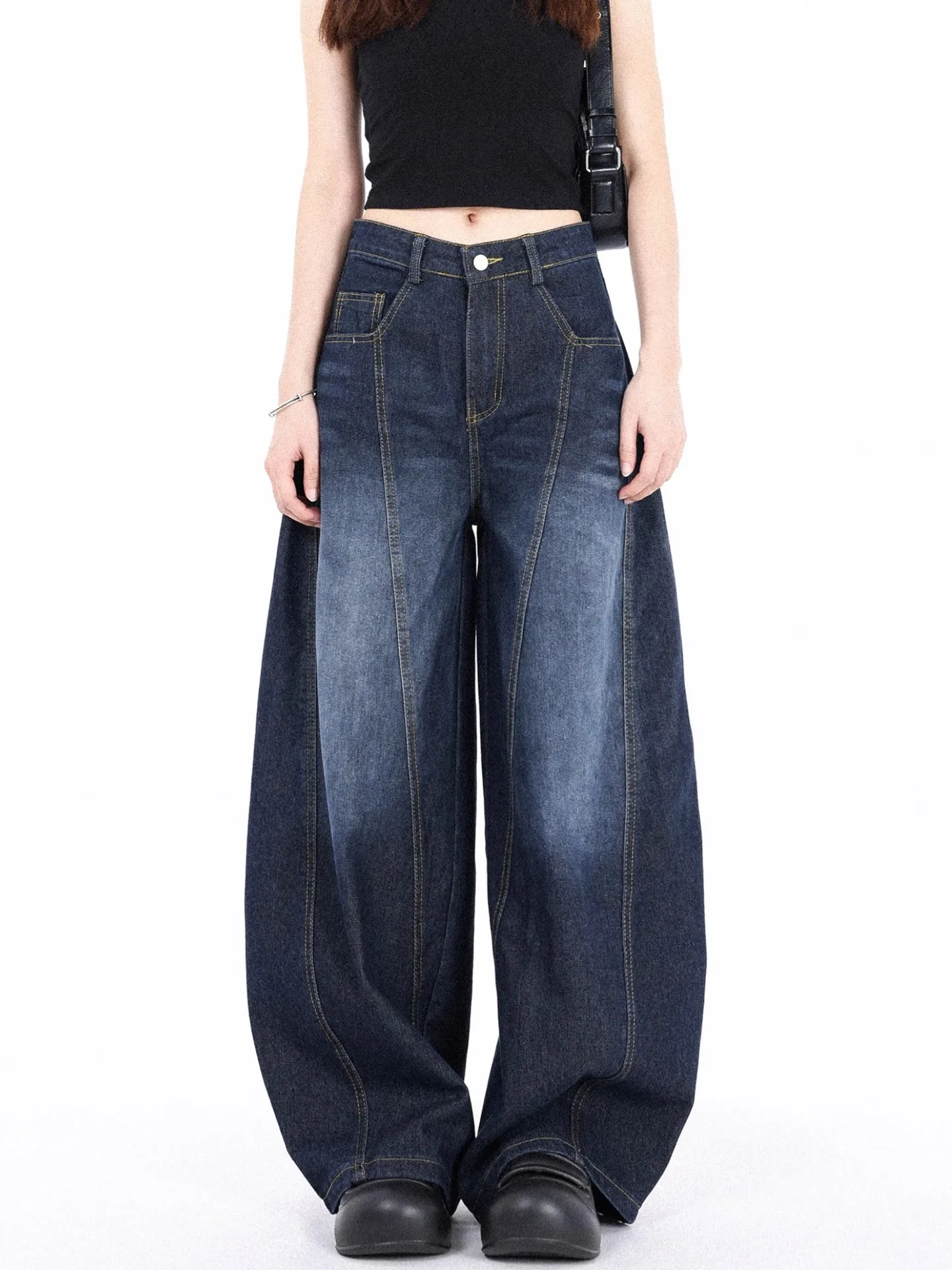 American Sle Vintage Waed Knife Denim Jeans Women's Spring Autumn Loose Wide Leg Banana Pants Floor Length
