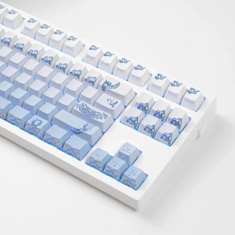 ECHOME Blue and White Porcelain Keycap Set PBT Dye Subbed Side-engraved Keyboard Cap OEM Profile Key Cap for Mechanical Keyboard