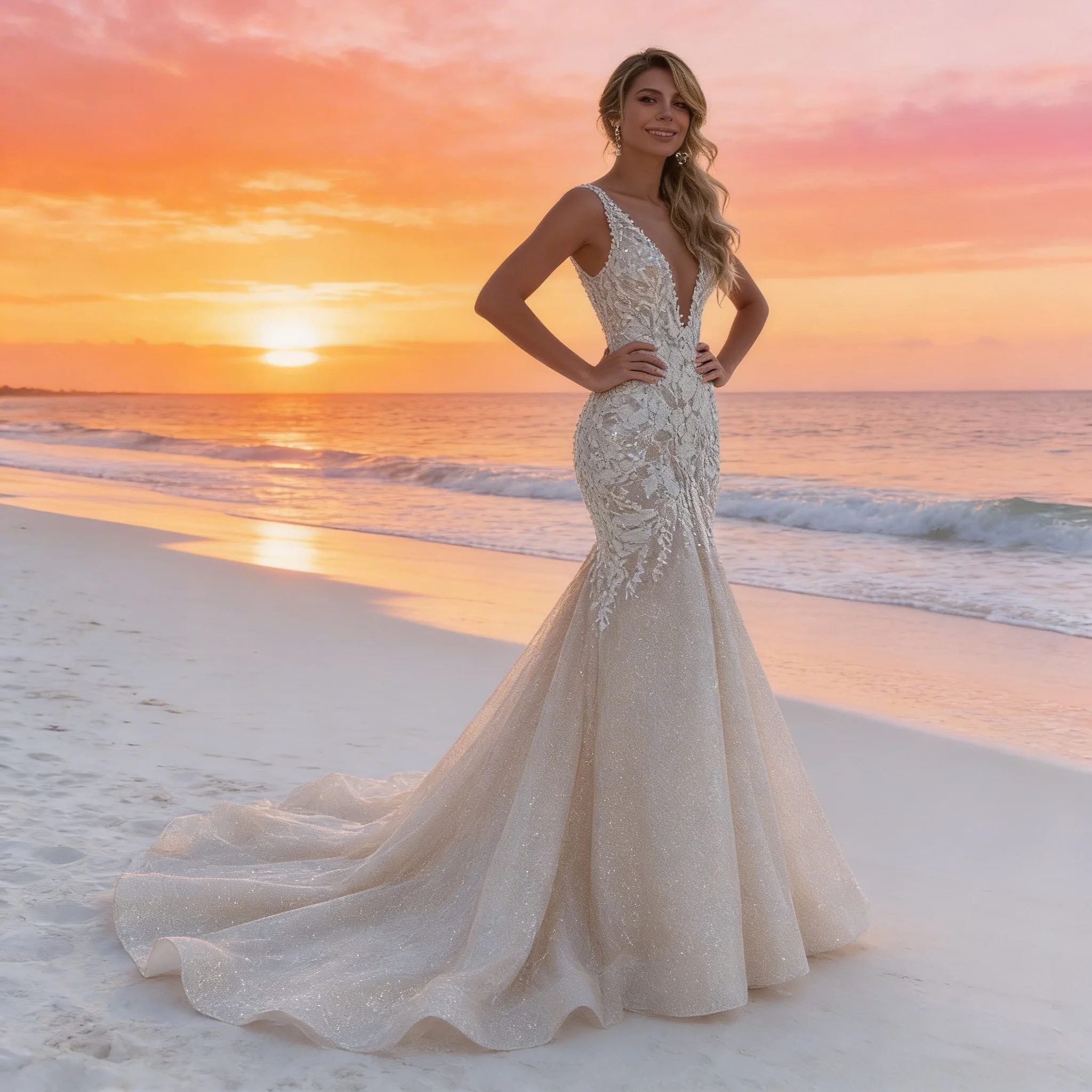 

Sexy Mermaid Wedding Dress Sleeveless V-neck Lace Applique Backless Vestidos De Novia for Women Bridal Gown Customized