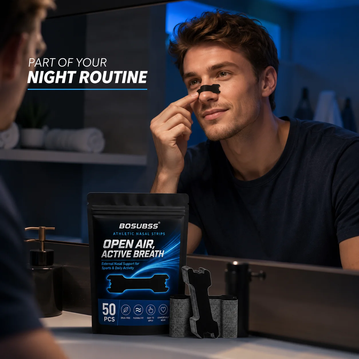 50pcs Black Athletic Nasal Strips, External Nose Support Strips, Comfortable Fit, Easy Apply for Sports Night Use