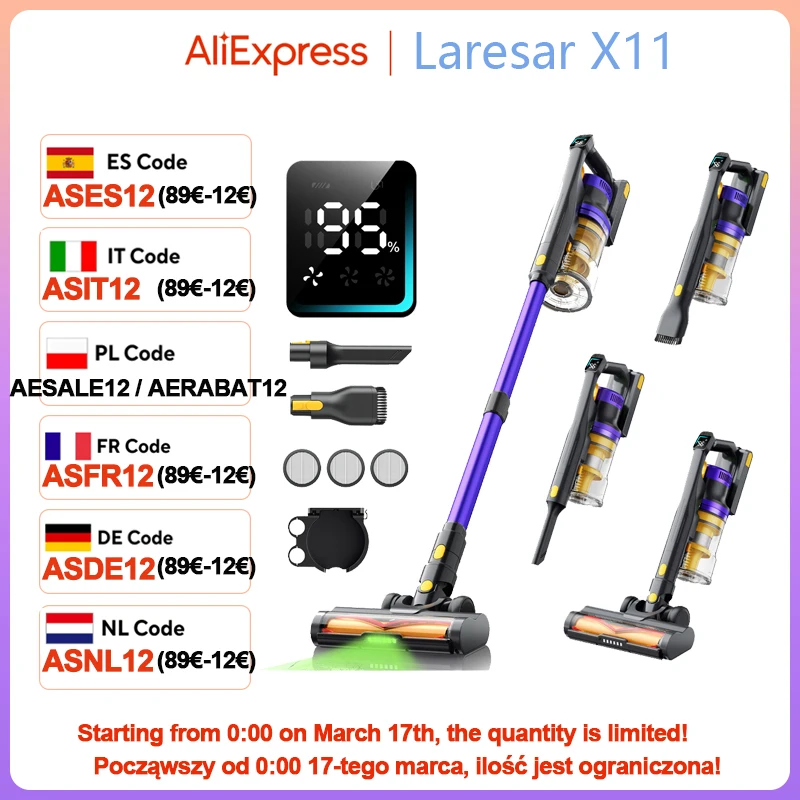 Laresar X11 550W 55000PA Suction Power Cordless Vacuum Cleaner Handheld Smart Home Dust Cup 60 Mins Runtime 3 Pcs Filte Set