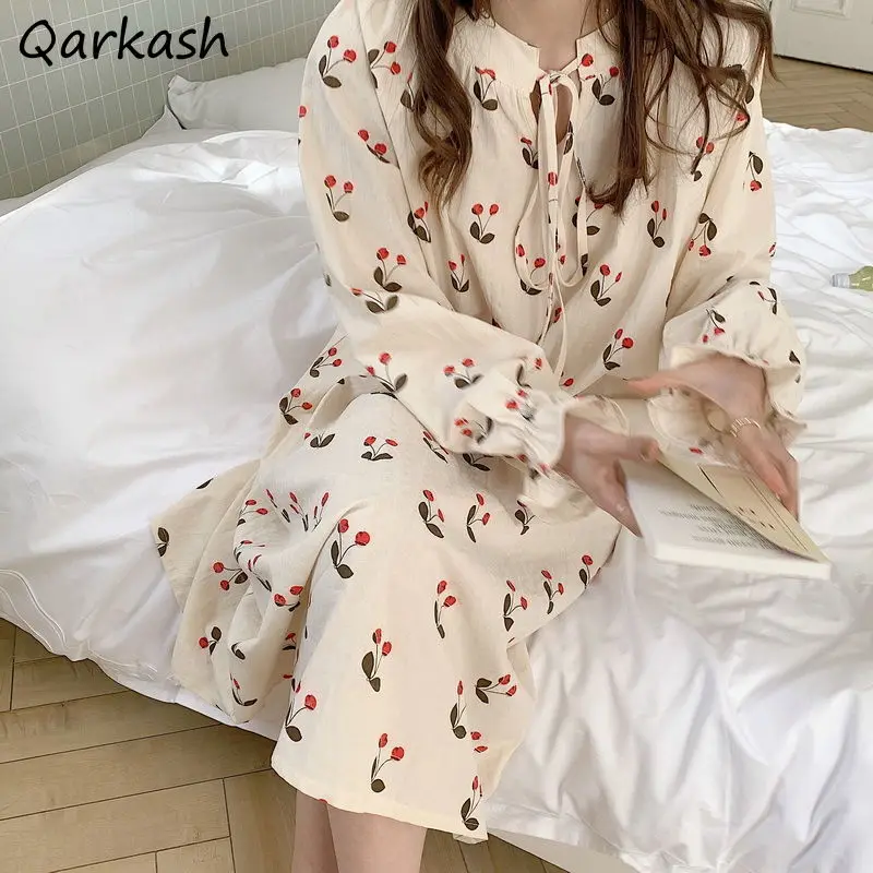 

Nightgowns Women Spring Print Students Kawaii All-match Stylish Classic Home Sleepwear Prevalent Hot Sale Tender Ulzzang Newest