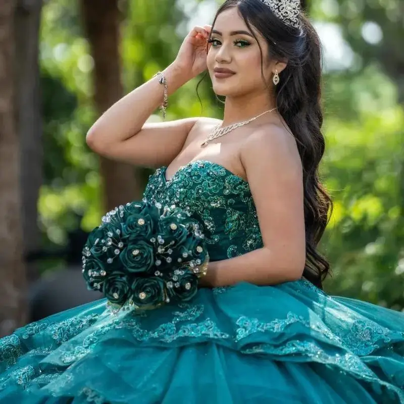 Princess Green Shiny Quinceanera Dresses for Sweet 15 Year Sexy Off the Shoulder Puffy Ball Gown Lace Appliques Princess Gowns