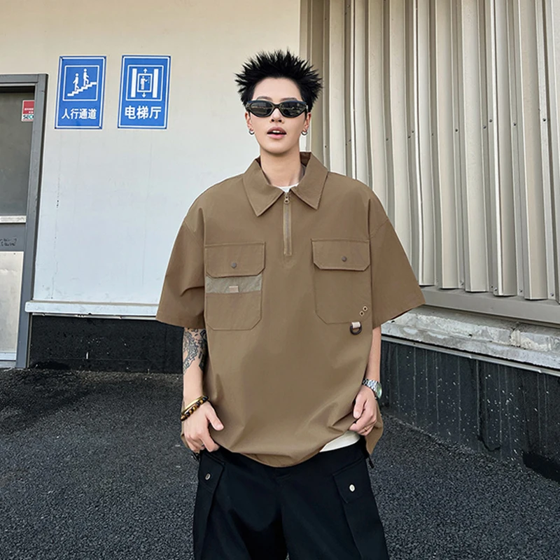 Summer Half Zip Lapel Short Sleeve Polo Shirt Men's Japanese Retro