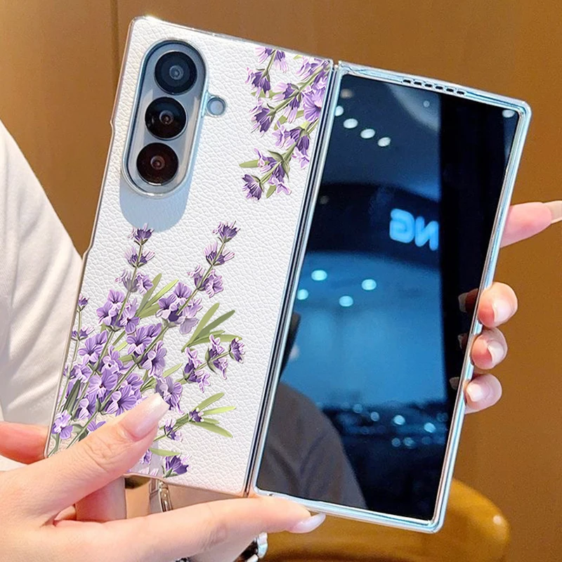 Lavender Flower Case For Samsung Z Fold 7 6 5 Hybrid Leather Skin Plating Folding Phone Cover For Samsung Z Fold7 Fold6 Fold5