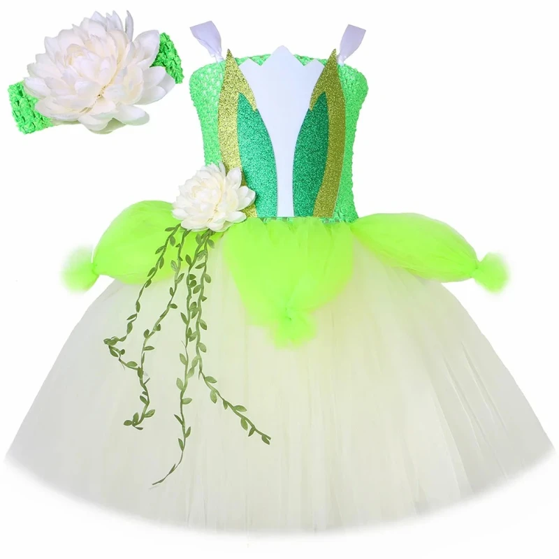 Festive Dress for Girl Green Princess Party Dress for Girls 3 Layers Halloween Flowers Tulle Tutu Dresses Birthday Party Clothes