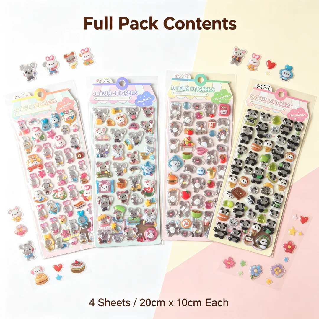 4Sheets Kawaii Mini Animal Crystal Stickers 3D Epoxy Glossy Panda Hamster Stickers, Decorative Stickers for DIY Crafts