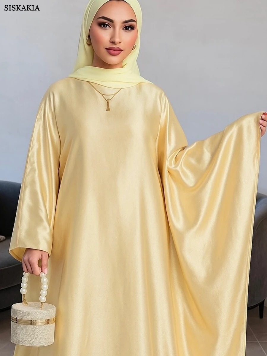 

2.Siskakia New Batwing Sleeve Long Modest Dresses Women Solid Abayas Dubai Loose Polyester Kaftan 2025