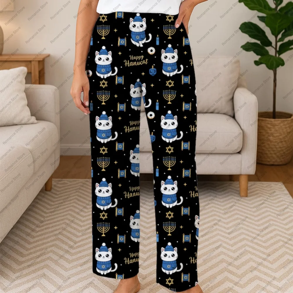 

Pajama Pants Hanukkah Cat Print Menorah Symbols Women's pajama pants and home pants Autumn and winter Leisure Flannel trousers