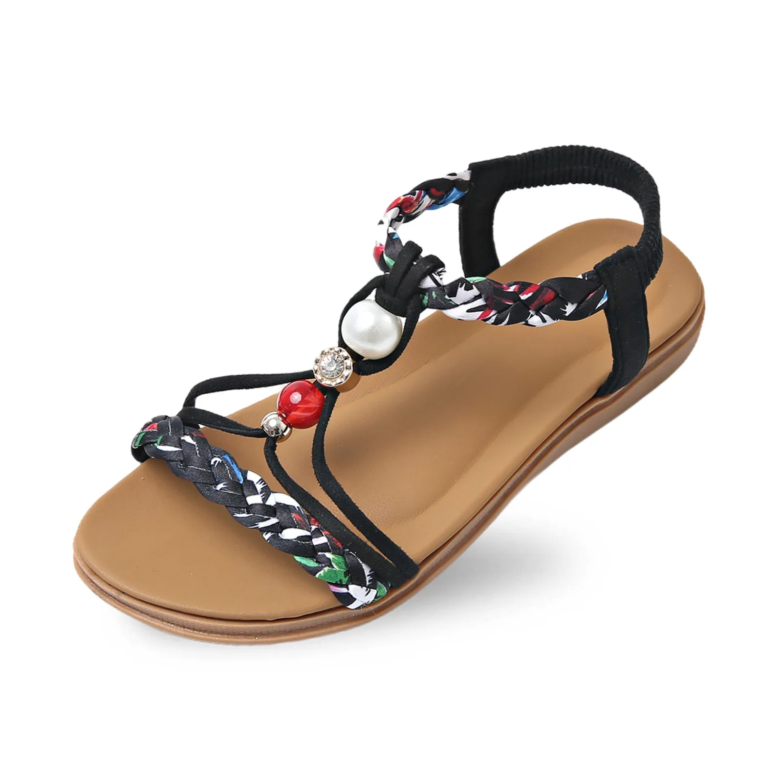 2025 ฤดูร้อนใหม่ผสมสีลูกปัดรองเท้าแตะส้นเปิดนิ้วเท้าElastic Bandรองเท้าสตรีโลหะตกแต่งcasual Plusขนาด