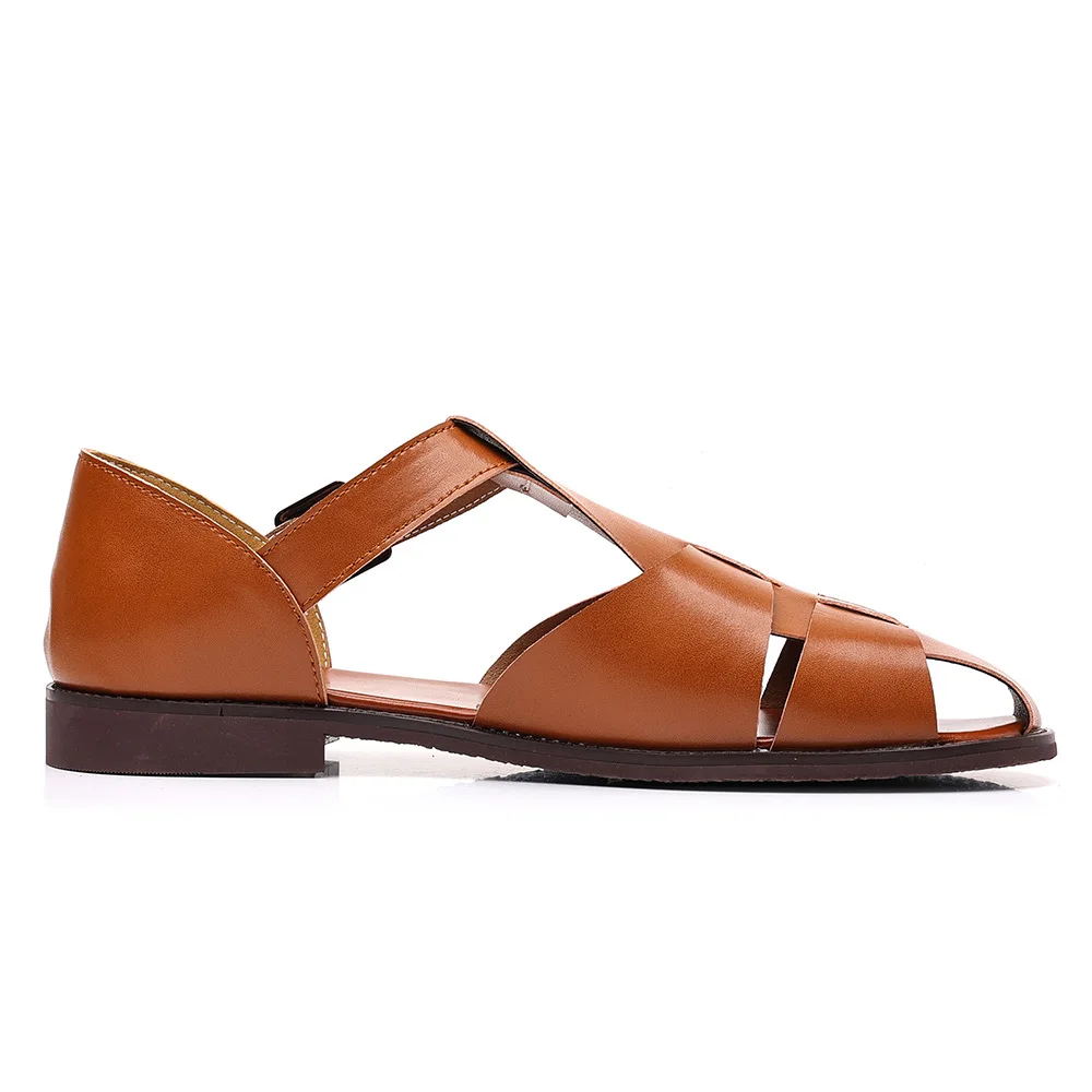 Men's 2026 Handmade Leather Closed Toe Roman Sandals Breathable Casual Low Heel Outdoor Beach Shoes Designer Sandals