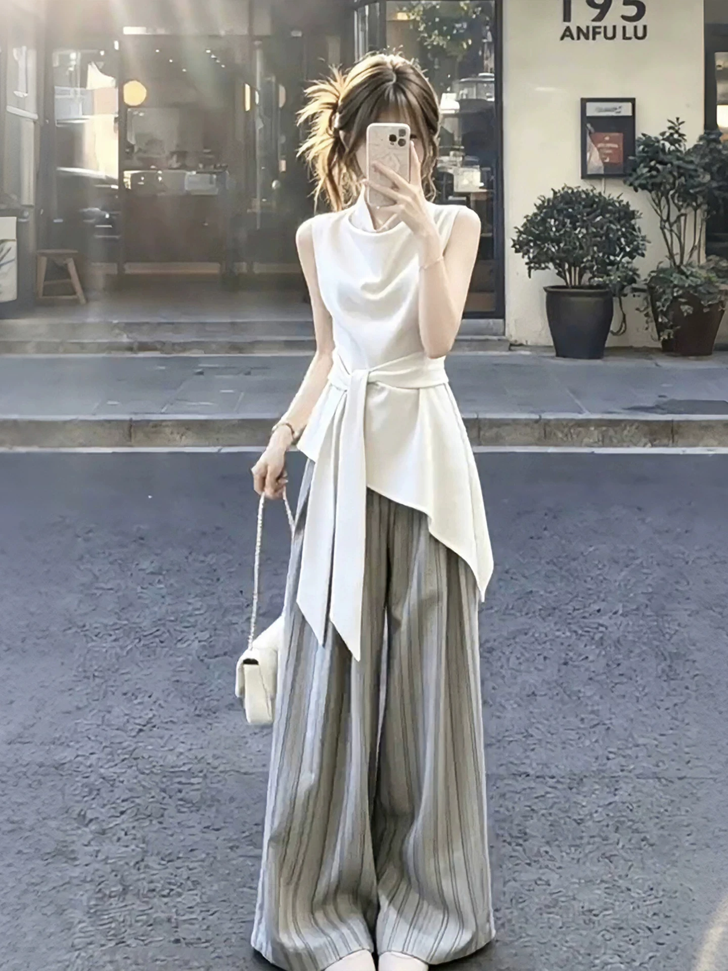 

Summer Fashion Set Women's Style Ageless Neck Swing Waist Cinch Tie Top Versatile Wide Leg Pants Cotton Moisture Wicking