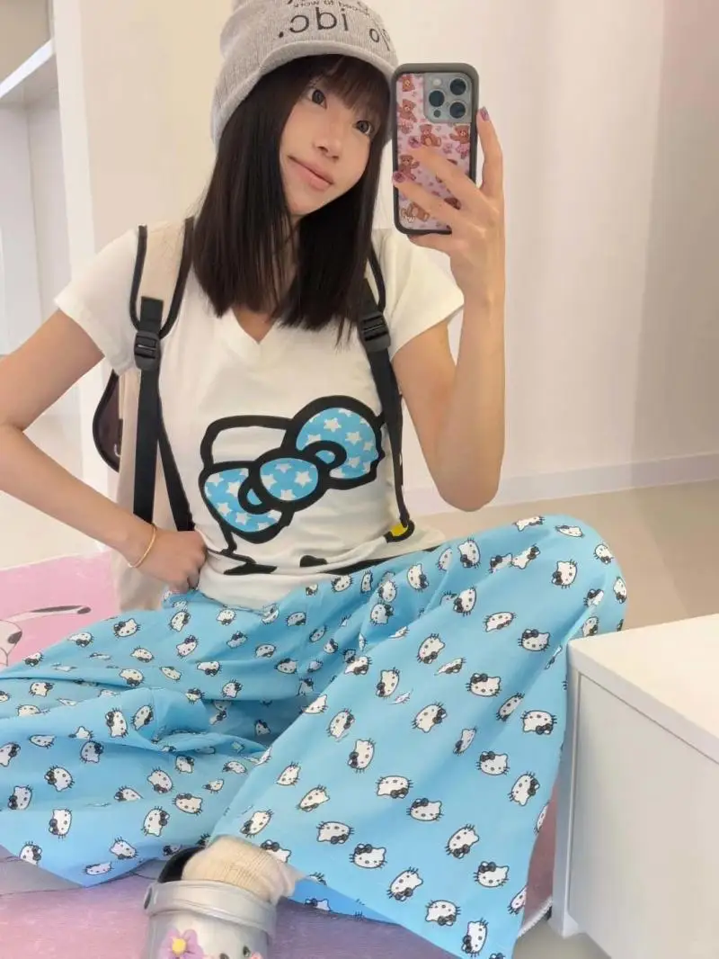 Модный пижамный комплект Sanrio из 2 предметов, комплект домашней одежды Hello Kitty, слинг для девочек, летние охлаждающие брюки Y2K, корейский стиль для девочек