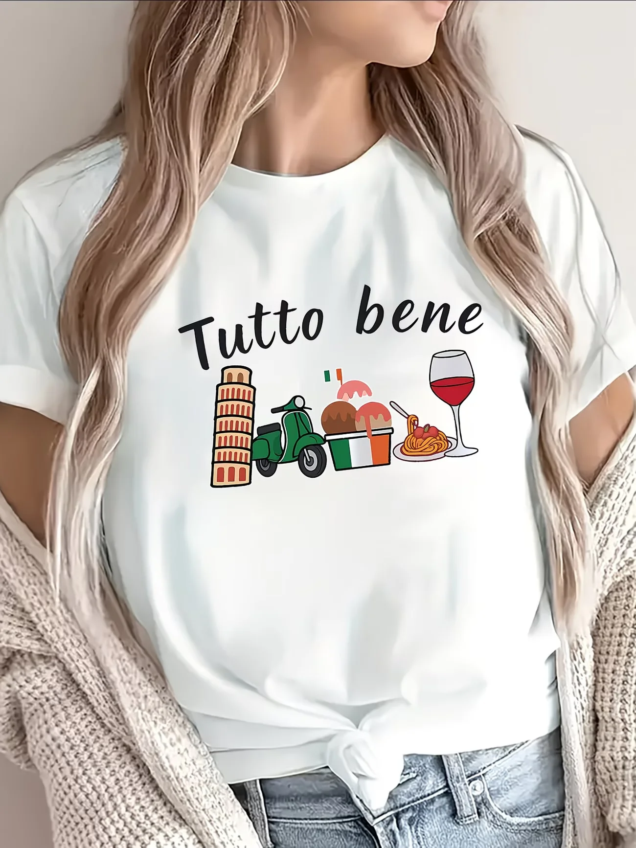 Camiseta Tutto Bene Italy para mujer, camiseta gráfica de vacaciones italianas, divertida camiseta con estampado de la Torre de Pisa, Gelato, vino, camiseta de viaje de manga corta de verano