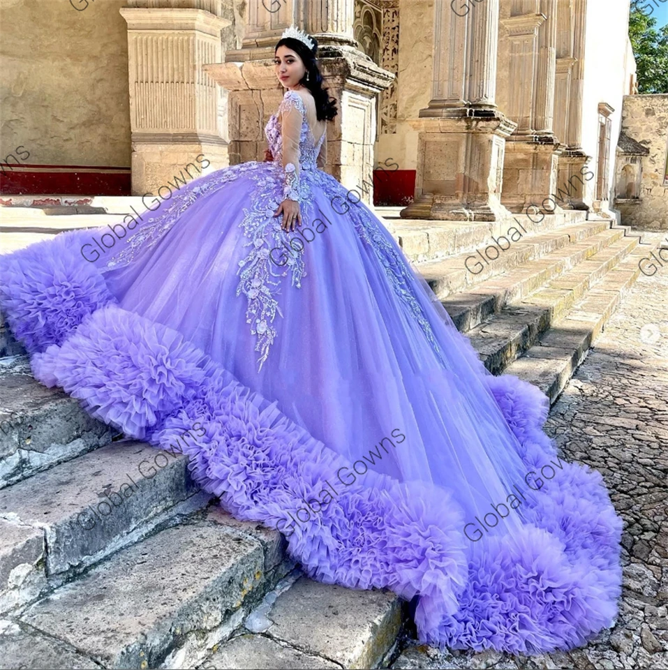 fitted lace wedding dress Royal Blue Tulle Ball Gown Prom Dress with Cape Purple / 16 main image 0