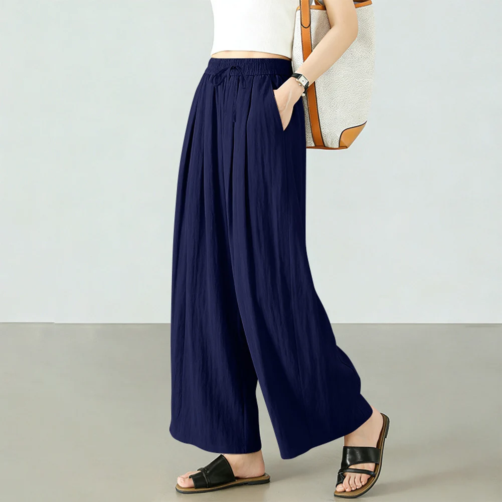 Women's Summer Casual 9-Point Wide Leg Trousers Elastic Waist Solid Color Loose Fit Pants for Four Seasons Wear