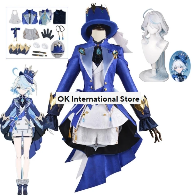 Anime Game Genshin Impact Focalors Cosplay Full Hat Pattern Fabric Focalors Uniforms Carnival Women's Halloween Party Clothing