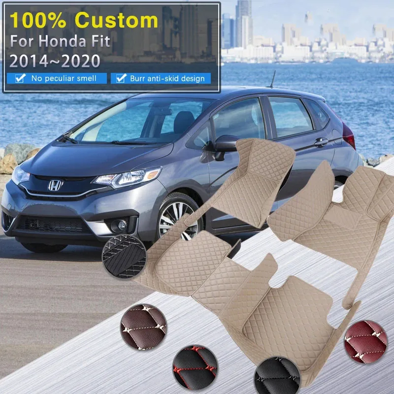 Car Floor Mats For Honda Fit Jazz GK3 4 5 6 7 2014~2020 Carpet Mat Luxury Leather Rug Interior Parts Car Accessories GH7 GP5 6