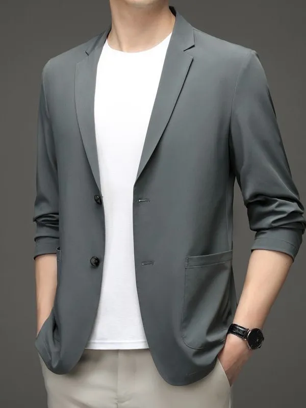 캐주얼 아이스 실크 남성 정장 가벼운 여름 비즈니스 코트 패션 도시 스타일 긴 소매 라운드 헴라인 스탠다드 핏 싱글 버튼