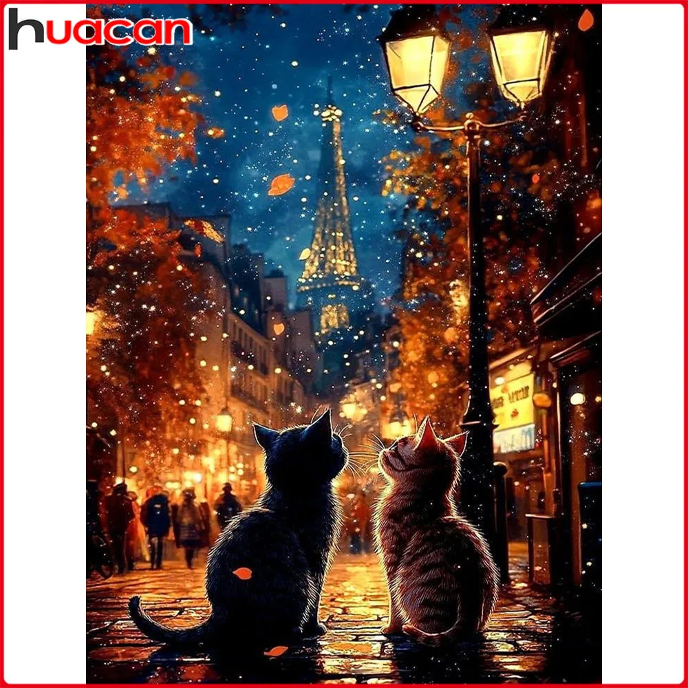 Huacan Diamantmalerei Katze Eiffelturm Diamant-Mosaik Tier Landschaft Komplettes Set Handgemachtes Geschenk