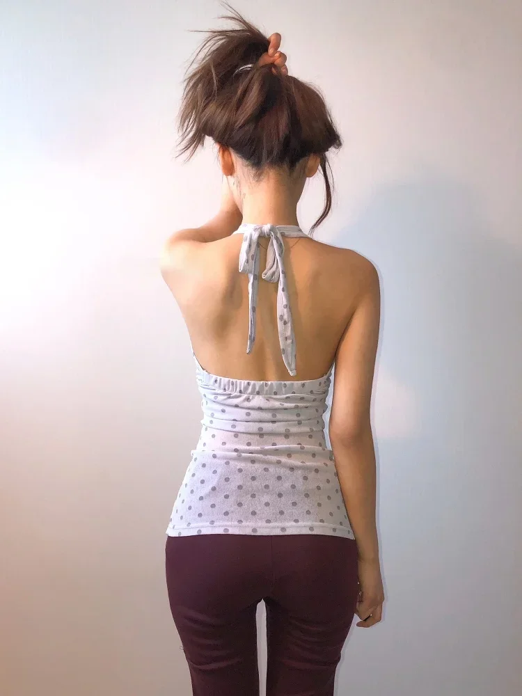 Vintage V-neck Backless Sexy Slim Camisole Women 2025 Summer New Streetwear Polka Dot Printing Lace Up Halter Tops