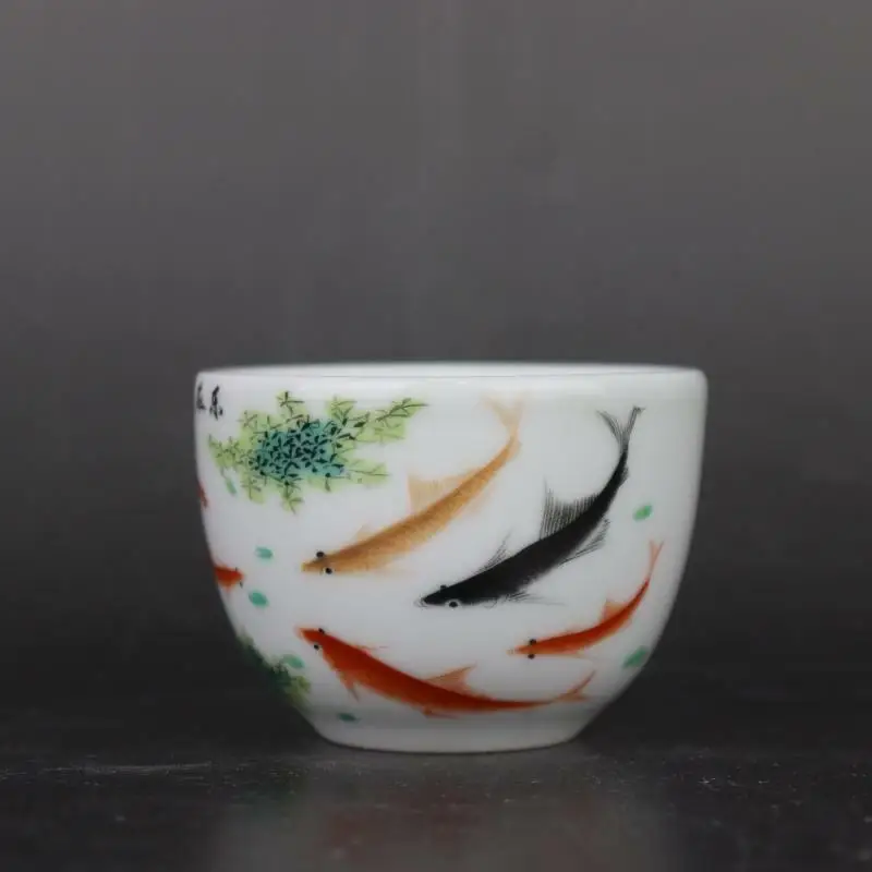 Chinese Famille Rose Porcelain Qing Qianlong Koi Carp Fish Tea Cup 2.9 