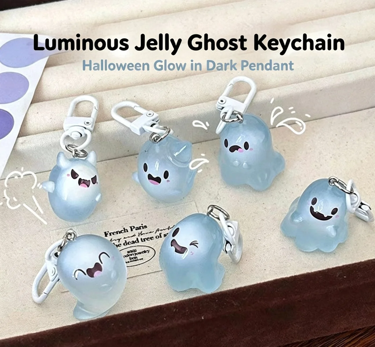 Luminous Jelly Ghost Keychain, Halloween Cartoon Glow in Dark Pendant,Phone Pendant Headphone Case Charm Bag Decor Car Key Ring view 2