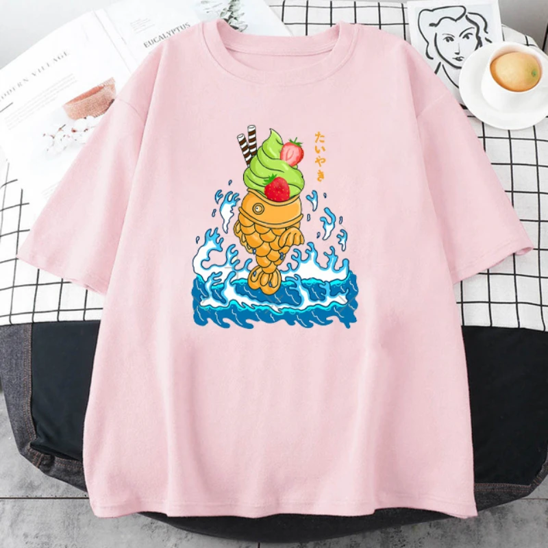 Taiyaki Japanese Food Cute Funny Kawaii Graphic Cotton Pink Tshirt Women Summer Tee Shirt Novelty Cute Fashion Print Streetwear