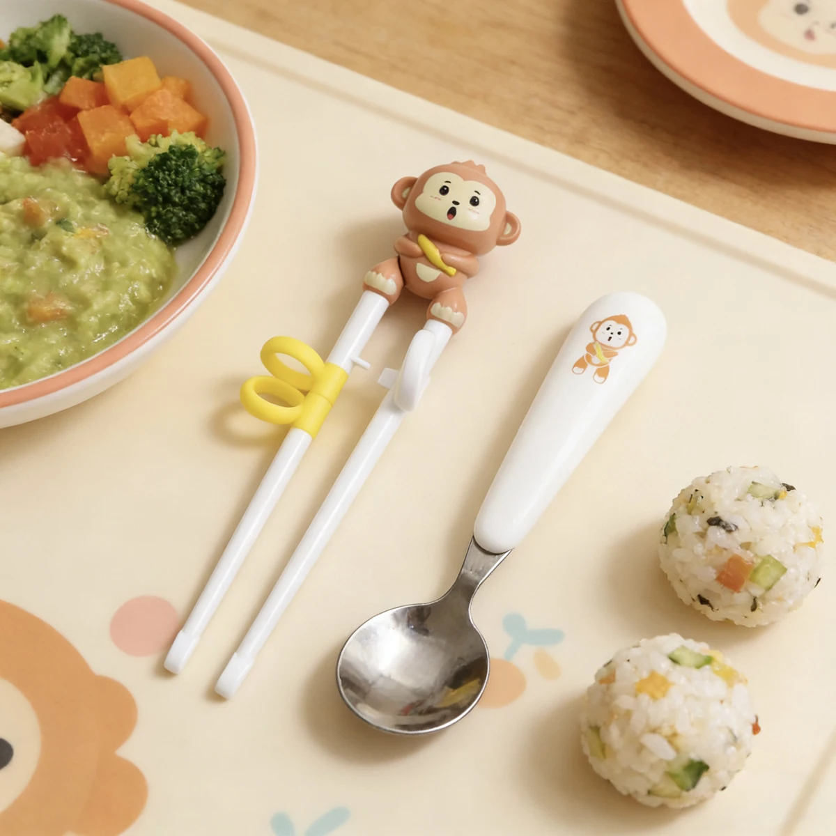 2Pcs Toddler Utensils Set, Cartoon Animal Kids Chopsticks Spoon, 304 Stainless Steel with Plastic Handle, Dishwasher Safe