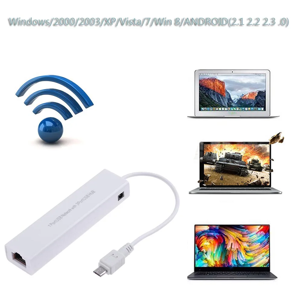 OTG 3 porte USB 2.0 HUB 10/100MB Micro USB a RJ45 scheda di rete adattatore LAN