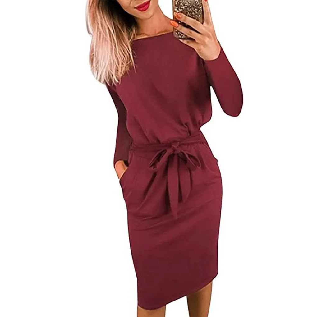 Belted Dress Body-con Sheath O-neck Skirt Special Design Long-sleeve Dresses