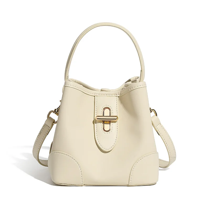 

2025 Popular Fashion Second Layer Cowhide High-end Genuine Leather Crossbody Handheld Bag Lock Buckle Small Bucket Bag