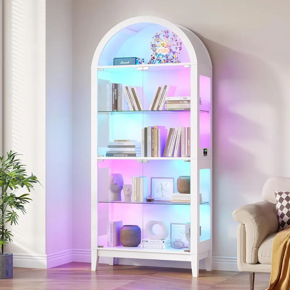 

Illuminated Arched Glass Door Bookcase with 9-Cube Storage, 69 Tall, Music-Synced RGB Lights for Living & Bedroom (White)