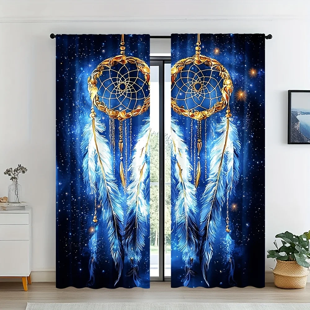 2pcs Dreamy Starry Night Dream Catcher Curtains,Blue Galaxy Design,Perfect for Bedroom Living Room Office Kitchen and Café Decor