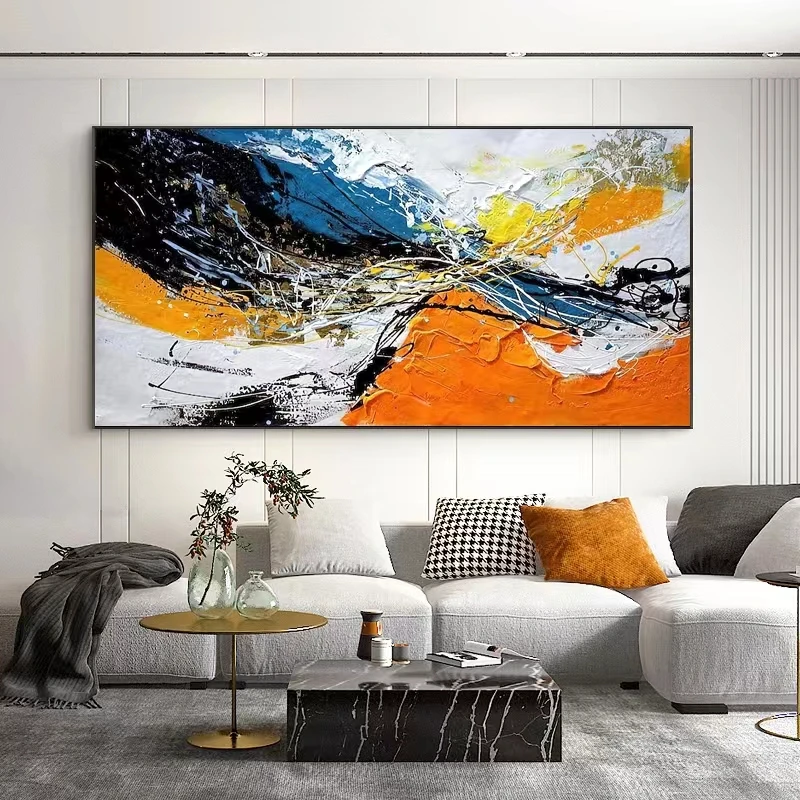 Hand-painted Oil Painting Horizontal Version Hanging Painting Living Room Sofa Background Wall Decoration Painting Orange Mural