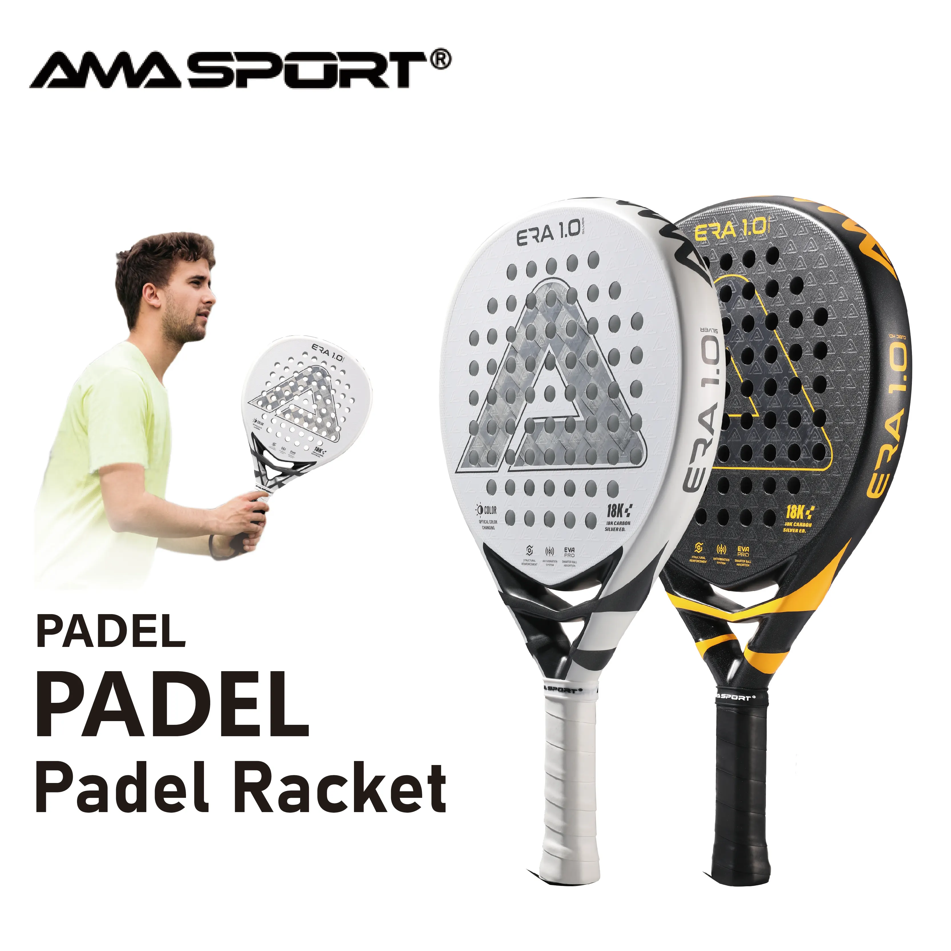 AMASPORT Advanced Padel Rackets 18K Carbon Silver With 3D Textured Surface,Precision Holes Racquets Pala de Padel