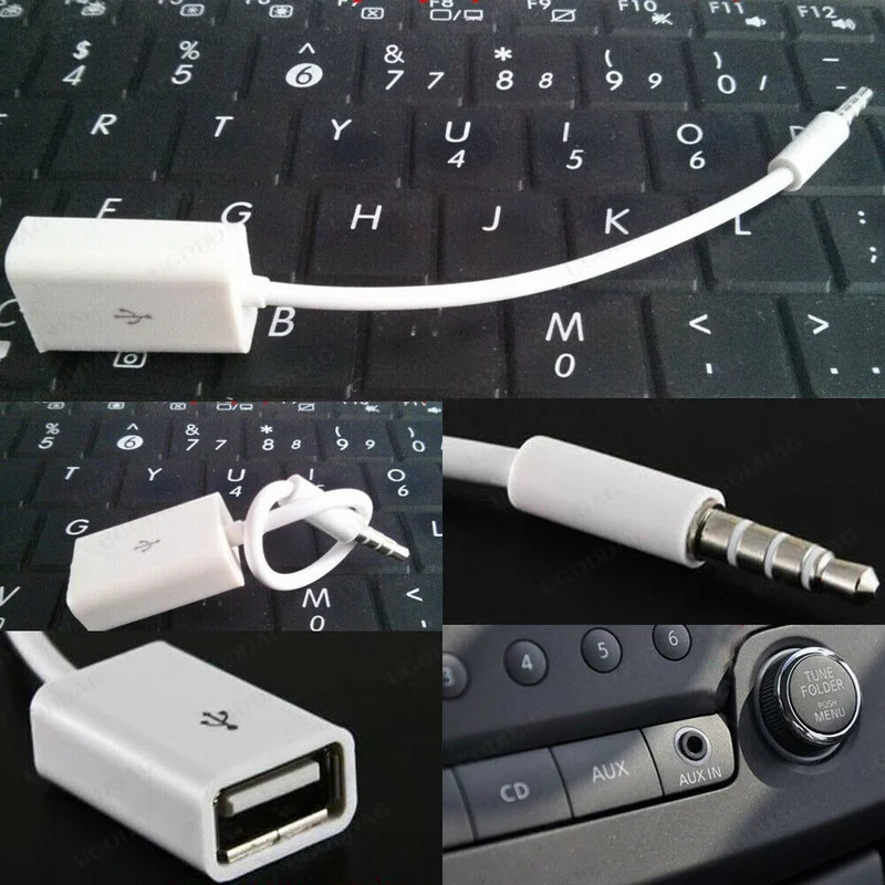 범용 수 AUX 오디오 플러그 잭-USB 2.0 암 변환기 케이블, 자동차 MP3 코드 라인, 흰색 미니 휴대용 자동차 액세서리, 3.5mm