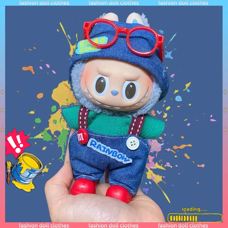 

In Stock New Style Doll Clothes For 17cm Labubu Party Pendant Vinyl Doll Clothing Set Blue Series Overalls Set Doll Accessories